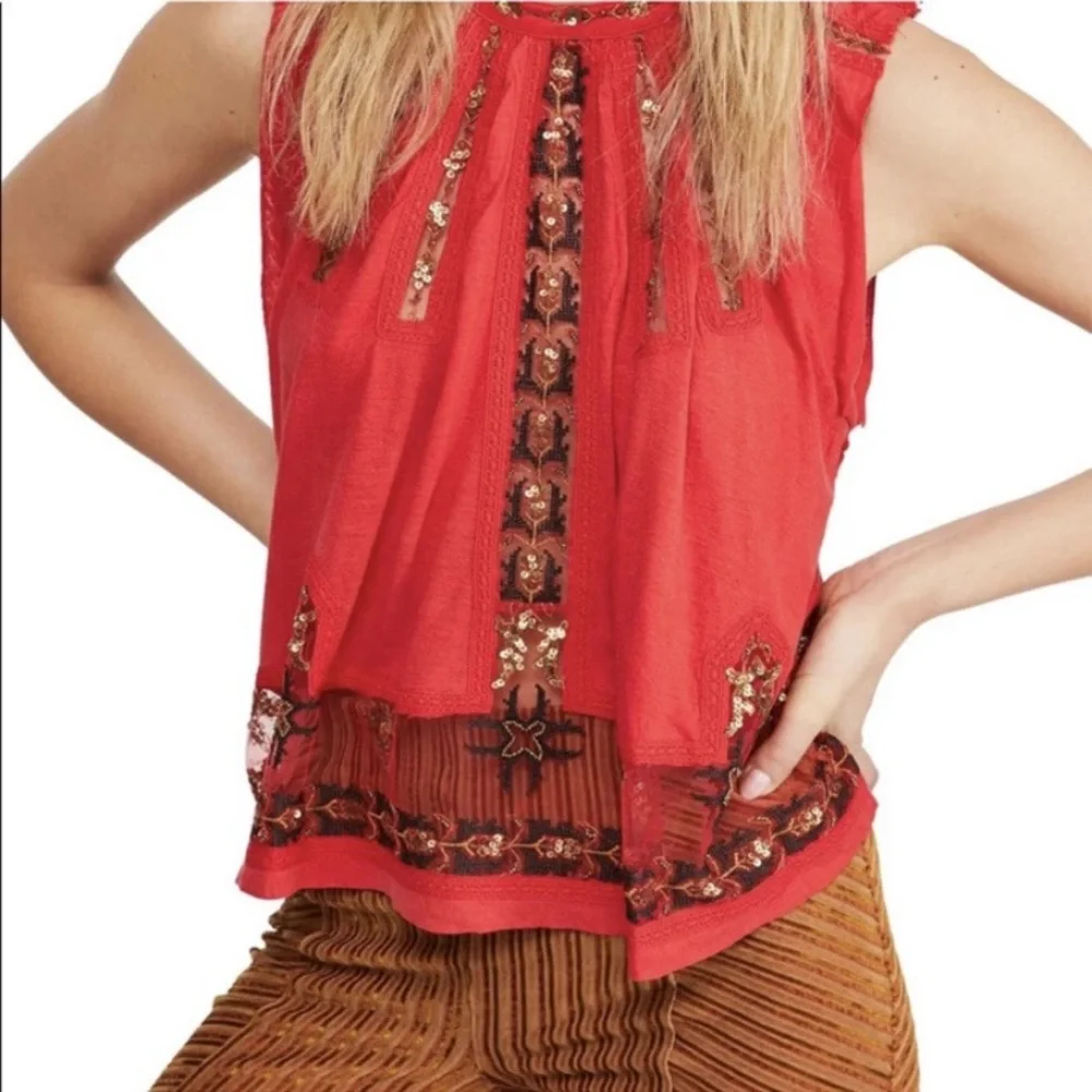 Free People Red Embroidered Sequin Sheer Panel Peasant Blouse Top w/Back Tassels - Picture 3 of 15